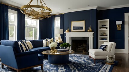 navy blue, white, and gold living room with a nautical motif that combines traditional marine features with modern design