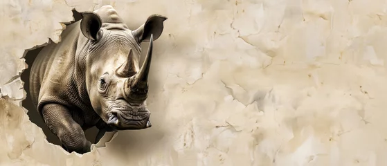 Foto op Canvas Captivating depiction of a rhino seamlessly emerging from a cracked beige wall in a natural color palette © Fxquadro