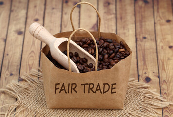 A paper bag with fair trade coffee.