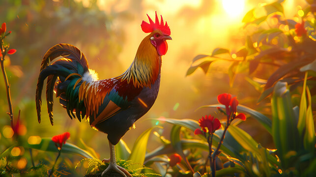 Majestic rooster crowing at dawn, framed against a vibrant sunrise, with lush greenery in the blurred background