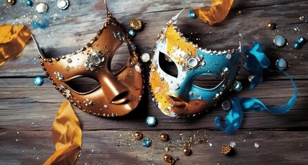 A couple of golden and dark blue Mardi Gras carnival medieval masks displayed on a wooden surface table. Generative AI. - obrazy, fototapety, plakaty