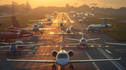 an aerial perspective of a diverse fleet of aircraft, including helicopters, propeller planes, and jets, taking off from a busy airport runway attractive look - obrazy, fototapety, plakaty