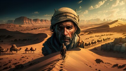 A traveler navigating through a desert landscape, with sand dunes