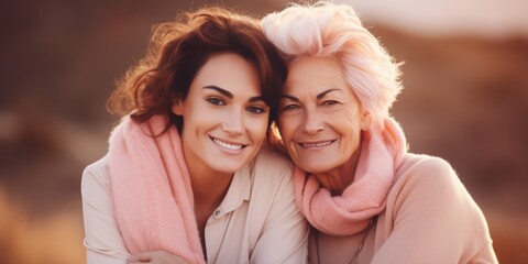 Fototapeta premium Cheerful lovely fun satisfied elder parent mom with young adult daughter two women together wearing casual clothes hugging cuddle