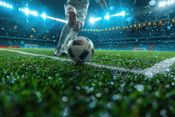 Close-up of a soccer ball on a wet, lush green field with stadium lights illuminating a night match.
