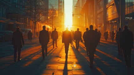 Backlit silhouette of city commuters walking on a busy urban street against the sunrise or sunset.
