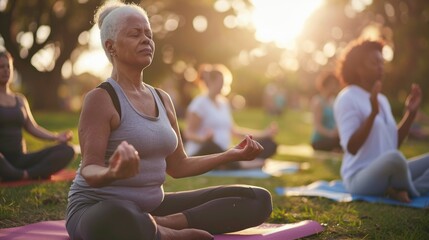 Peaceful mature woman in gray tank top meditating with eyes closed in an outdoor yoga session at sunset.
