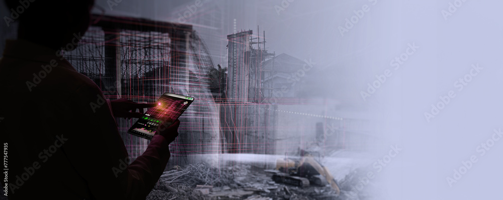 Poster female engineer using ai application of augmented reality in dam construction industry concept measu