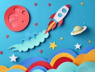 A paper rocket flies through the sky, high above a cloud. Paper cut art style. 