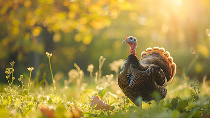 Obraz premium Majestic turkey strutting through a sun-kissed meadow, framed by lush greenery, with copy space and blurred background