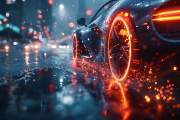 Hyper-detailed close-up of a car racing wheel, its dark surface covered in spots. The wheel spins rapidly, reminiscent of an animated GIF. Cyberpunk city lights bleed into the background, - obrazy, fototapety, plakaty