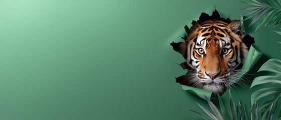 A tiger's face dynamically tears through the paper, surrounded by tropical plant life on a green...