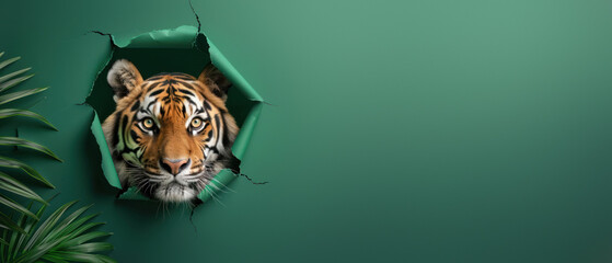 Stark image of a tiger's head breaking through a vibrant green paper background with palm leaves