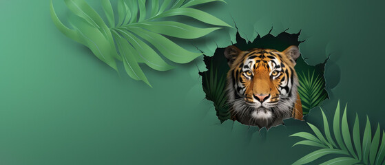 The image showcases a tiger's face looking through a tear in a green paper-like background, symbolizing observance and curiosity