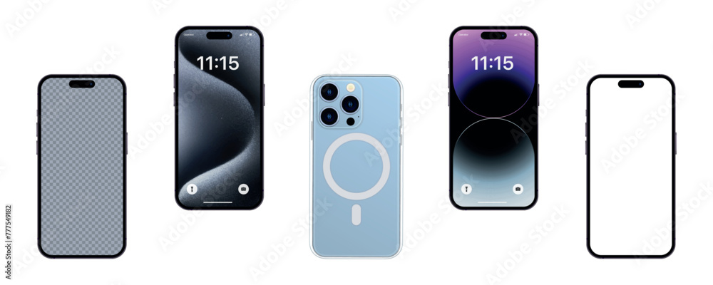 Poster Mockup phone for visual ui app demonstration. Vector mobile set device concept. smartphone mockup with blank white screen in realistic, clay, flat vector, line style