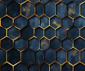 Dark blue marble background with gold hexagon patterns