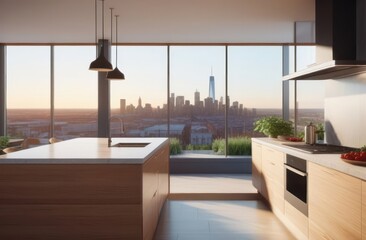 Kitchen with wide angle view of a vibrant city in the windows, interior architecture, rendered in octane