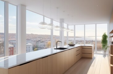 Fototapeta premium Kitchen with wide angle view of a vibrant city in the windows, interior architecture, rendered in octane