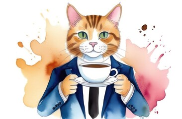 watercolor drawing of a cat with a cup of coffee in its paws and in a business suit 