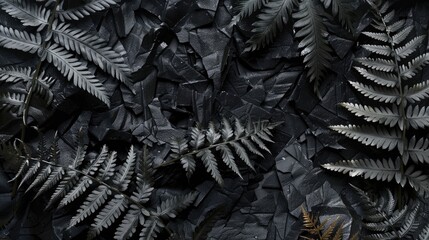 black and white fern leaves on black stone background
