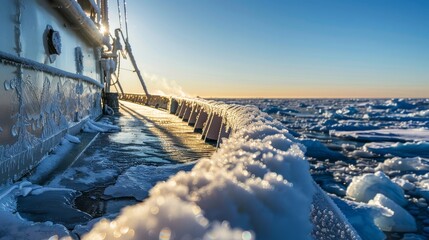 Frozen ship deck with ice crystals against a backdrop of sea ice during a polar expedition