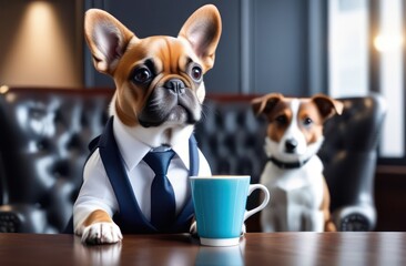 dog with a cup of coffee in its paws and in a business suit 