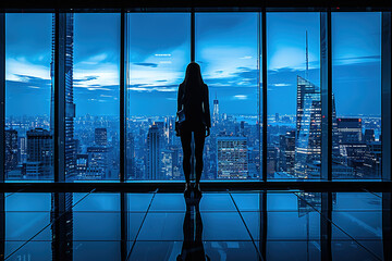 Woman stands by a window, looking out at city lights, in thought, a moment of introspection and inner exploration. - obrazy, fototapety, plakaty