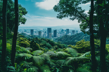 An urban skyline overshadowed by lush greenery, contrast between nature and city life in a bustling metropolis.