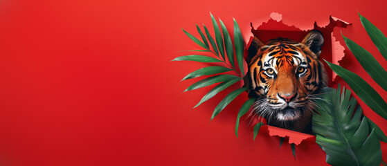 A compelling image of a tiger's face breaking through a red paper backdrop among foliage