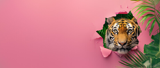 Tiger's head boldly appears through a tear in a pink backdrop among tropical greenery - obrazy, fototapety, plakaty