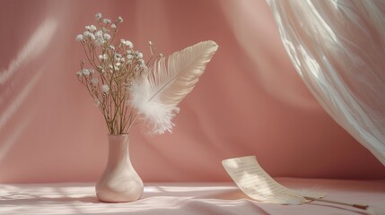 Pastel pink paper with calligraphy, feather quill, indirect light, romantic vignette - Powered by Adobe