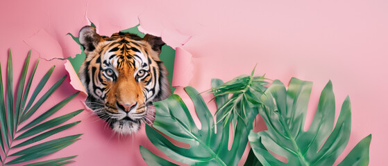 A close-up image of a tiger emerging from a paper tear against a pink backdrop with plants
