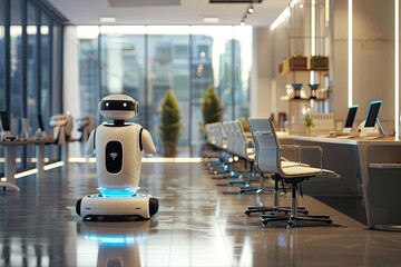Office of the future with robots assisting in tasks and automation increasing efficiency - obrazy, fototapety, plakaty
