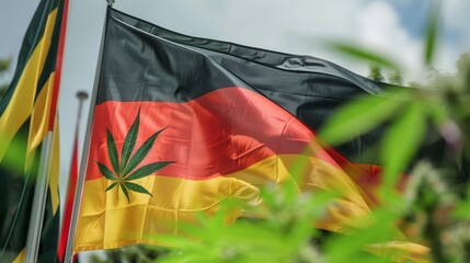Germany legalized cannabis. Leaves against flag. Medical oil. Hemp leaf and German flag, drug concept, close-up.