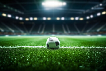 A soccer stadium with a green field and a sky background