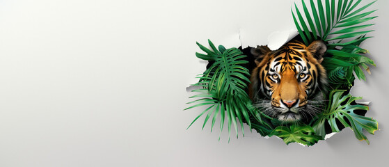 A captivating visual showing a tiger's head pushing through a paper-like tear among lush green leaves on a white background
