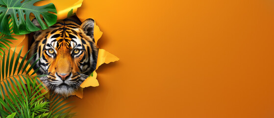The fierce gaze of a tiger looms through a tear in orange paper, flanked by rich greenery, invoking...