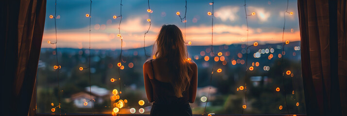 Woman stands by a window, looking out at city lights, in thought, a moment of introspection and inner exploration. - obrazy, fototapety, plakaty