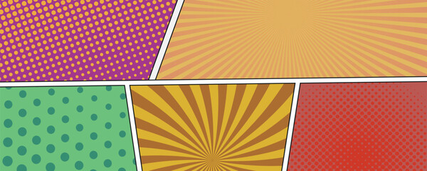 Colorful comic book background.Blank white speech bubbles of different shapes. Rays, radial, halftone, dotted effects.