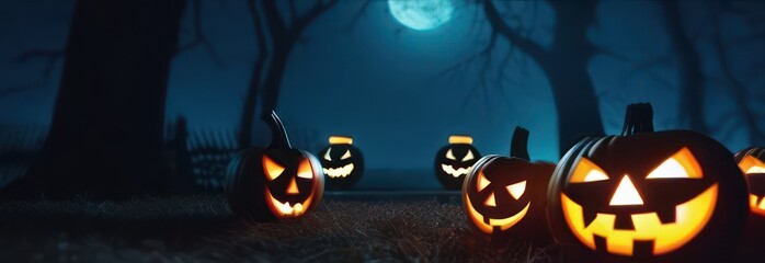 Banner Pumpkins and bats on a dark background. Halloween holiday concept.