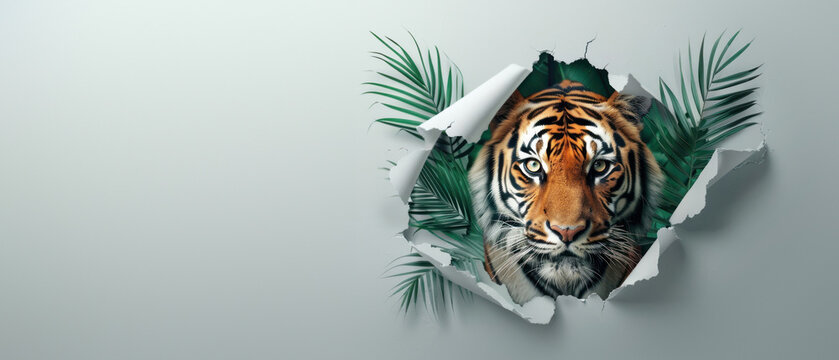 The image depicts a powerful tiger emerging from a paper tear, set on a sleek gray background, indicating escape