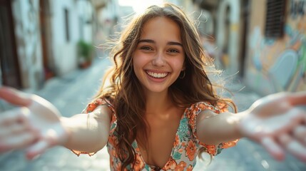 girl in a summer dress smilingly extends her hands to the camera