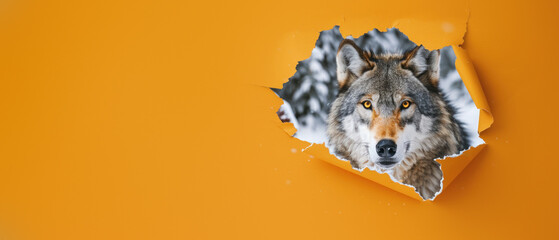 A realistic wolf's head punctures a plain orange background, creating a powerful contrast