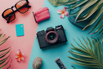 top view of Traveler accessories,  camera and eyeglasses, summer time, Vacation - obrazy, fototapety, plakaty