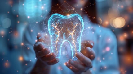 A poised dentist confidently holds a sleek, futuristic dental health interface, adorned with vibrant tooth illustrations. The blend of tradition and innovation promises advanced oral care.
