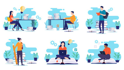 School and education illustrations collection - Set of vector graphic design elements of student people using computers, reading books and working on research and gaining knowledge