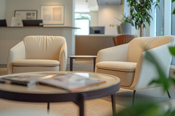 A white chair is sitting in front of a coffee table with a magazine on it