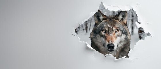 A powerful grey wolf stares out from a corner rip in a white paper with snowy forest in the backdrop - obrazy, fototapety, plakaty