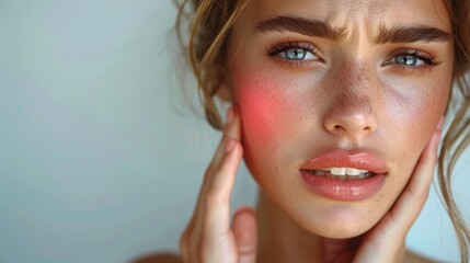 A stunning woman, her serene expression marred by evident pain, holds her cheek gingerly against a clean white canvas, vivid red highlights signaling the agony of a toothache.
