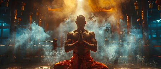 Traditional Muay Thai fighter in vibrant ring performs ritual dance. Concept Sports, Martial Arts, Muay Thai, Traditional Dance, Vibrant Colors - obrazy, fototapety, plakaty